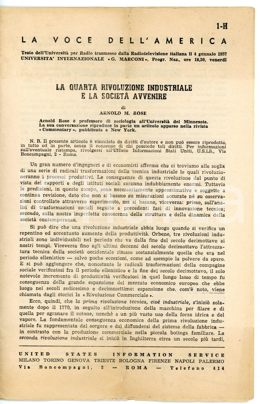 Giornale, rivista storica 1957 LA VOCE DELL AMERICA USIS La quarta rivoluzione industriale Pubblicazione 1