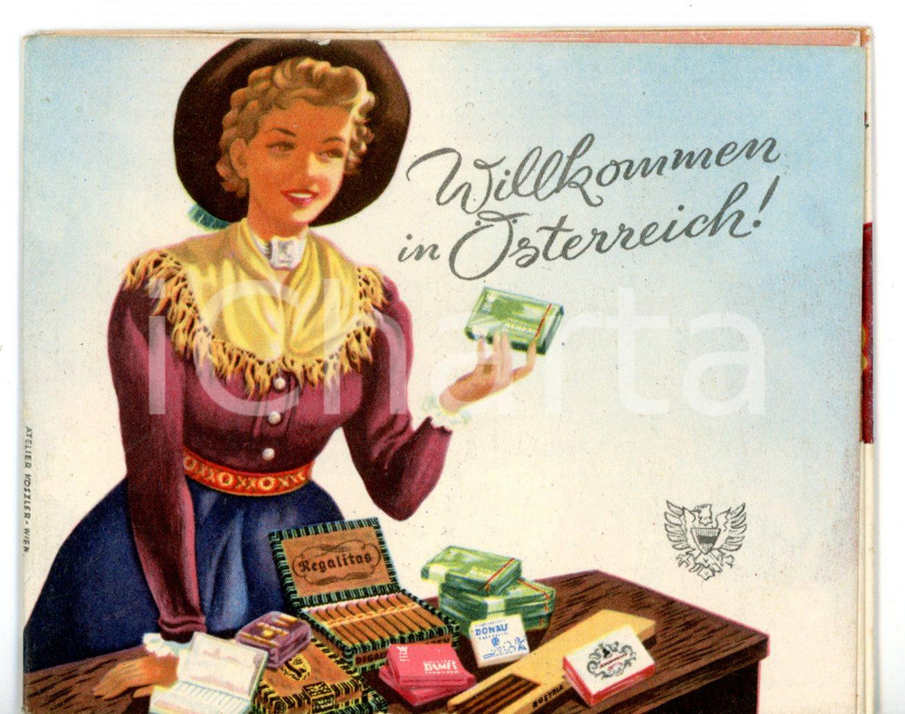 Materiale pubblicitario d’epoca 1960 ca AUSTRIAN CIGARETTES Memphis  Jonny  Donau Pieghevole PUBBLICITARIO 1