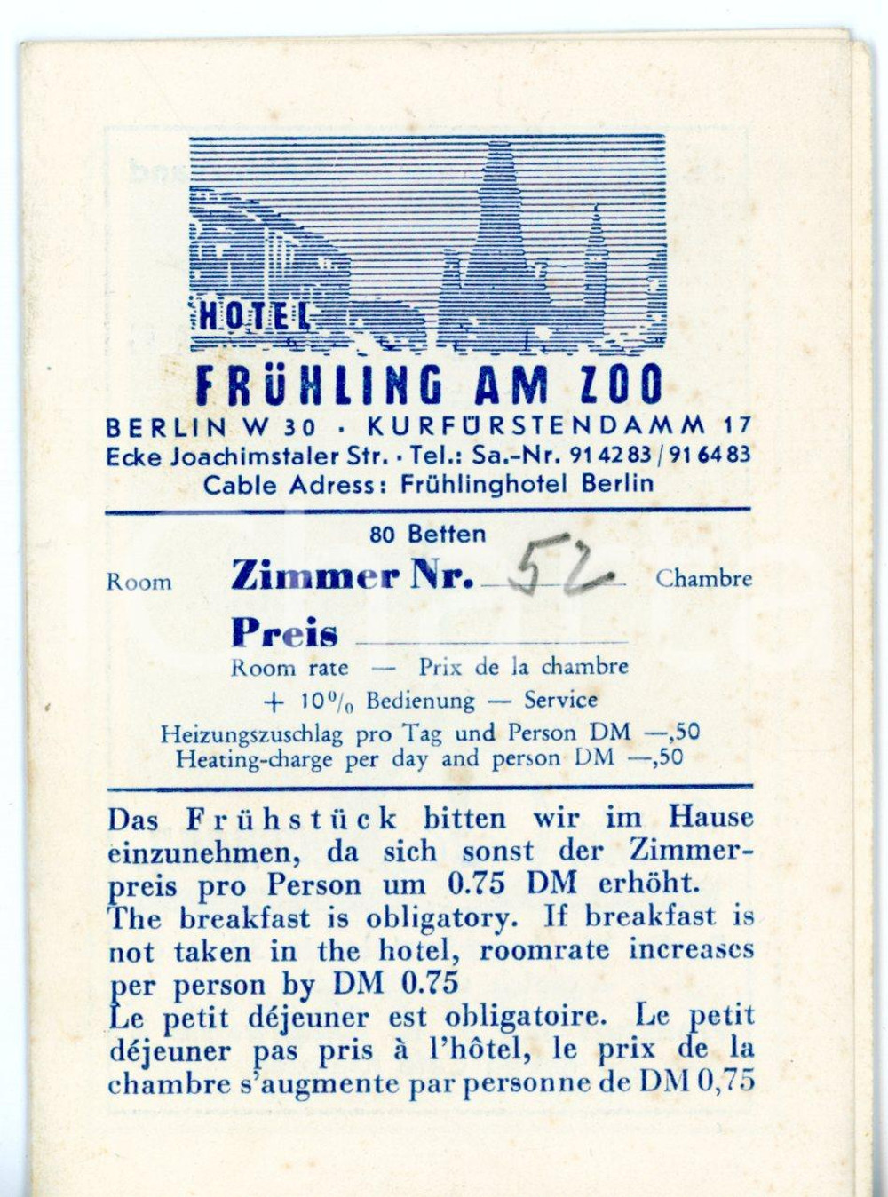 Materiale pubblicitario d’epoca 1955 ca BERLIN Hotel FRUHLING AM ZOO Biglietto con regolamento per gli ospiti 1