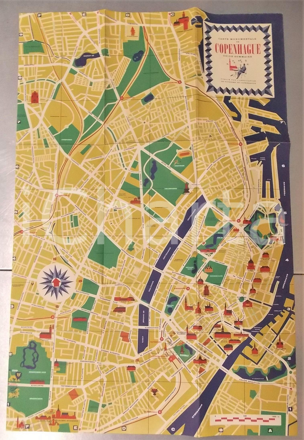 Materiale pubblicitario d’epoca 1960 ca COPENHAGUE Carte monumentale  Guide sommaire Mappa turistica VINTAGE 1