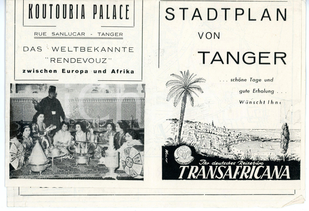 Materiale pubblicitario d’epoca 1950 ca TRANSAFRICANA Stadtplan von TANGERI Pieghevole VINTAGE 24x16 cm 1