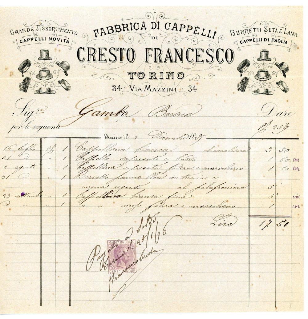 Documento originale, autentico 1896 TORINO Via Mazzini 34  Cappellificio Francesco CRESTO  Fattura intestata 1