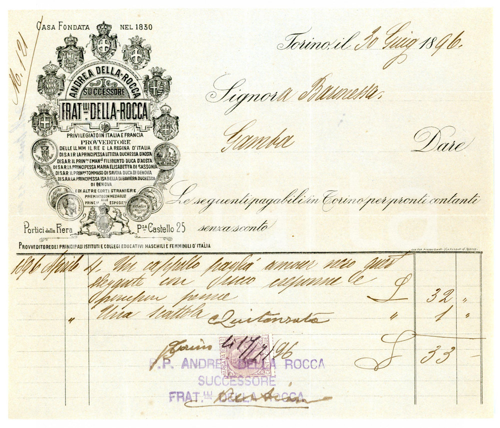 1896 TORINO Piazza Castello 25 - Cappellificio DELLA ROCCA *Fattura intestata