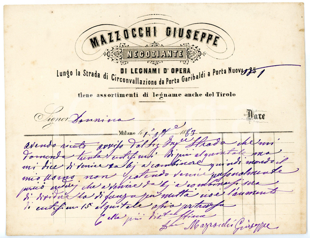Documento originale, autentico 1883 MILANO Porta Garibaldi  Legnami Giuseppe MAZZOCCHI Fattura intestata 1