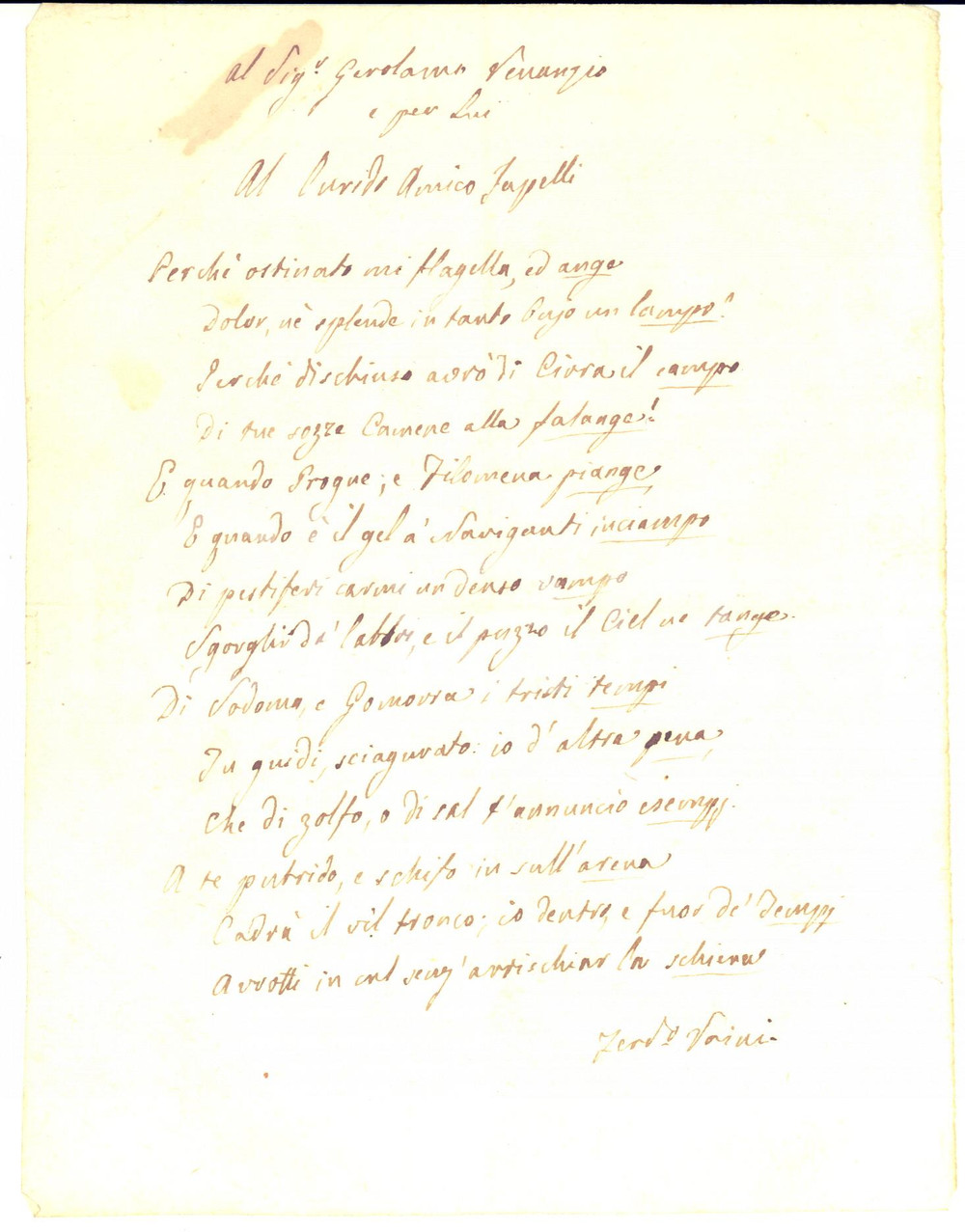 Manoscritto, lettera originale 1840 ca PADOVA Ferdinando VAINI Sonetto a Girolamo VENANZIO e al lurido JAPELLI 1