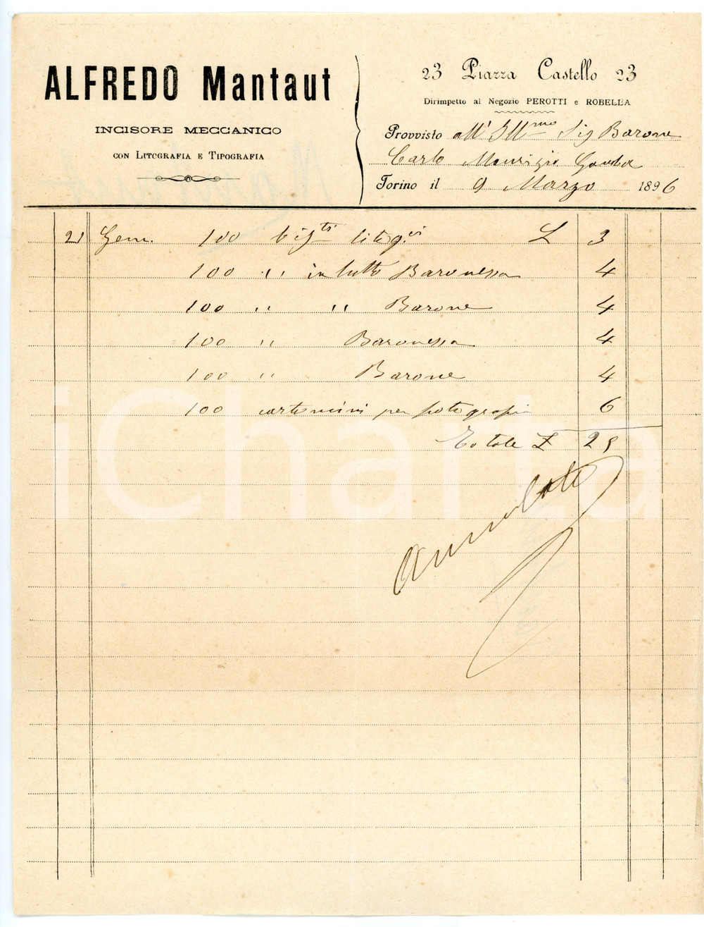 Documento originale, autentico 1896 TORINO Piazza Castello 23  Alfredo MANTAUT Incisore meccanico Fattura 1