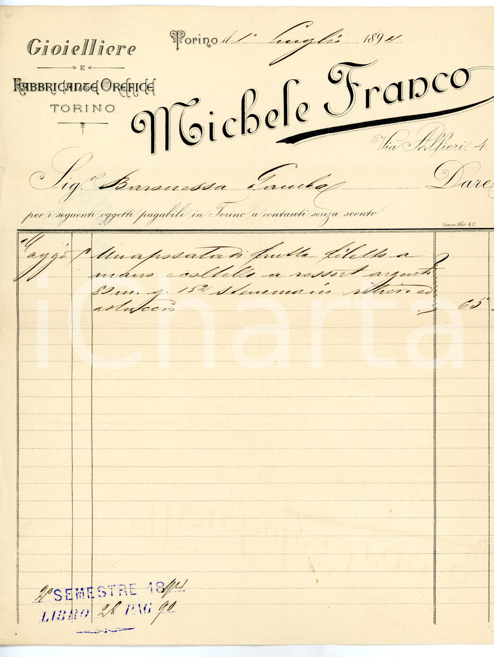 Documento originale, autentico 1894 TORINO Via Alfieri 4  Michele FRANCO Orefice Fattura su carta intestata 1