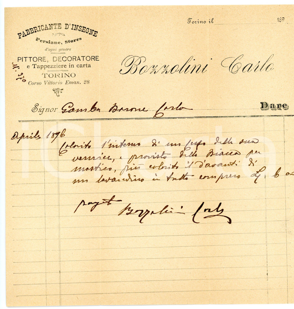 Documento originale, autentico 1895 ca TORINO Corso Vittorio Emanuele  Carlo BOZZOLINI Pittore Fattura 1