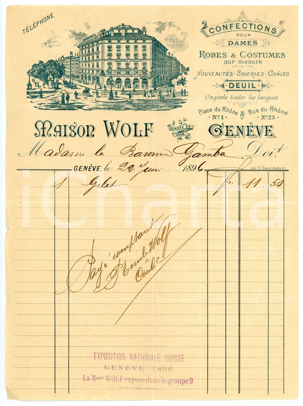 Documento originale, autentico 1896 GINEVRA Place du RhÃ´ne  Maison WOLF Confections pour dames Fattura 1