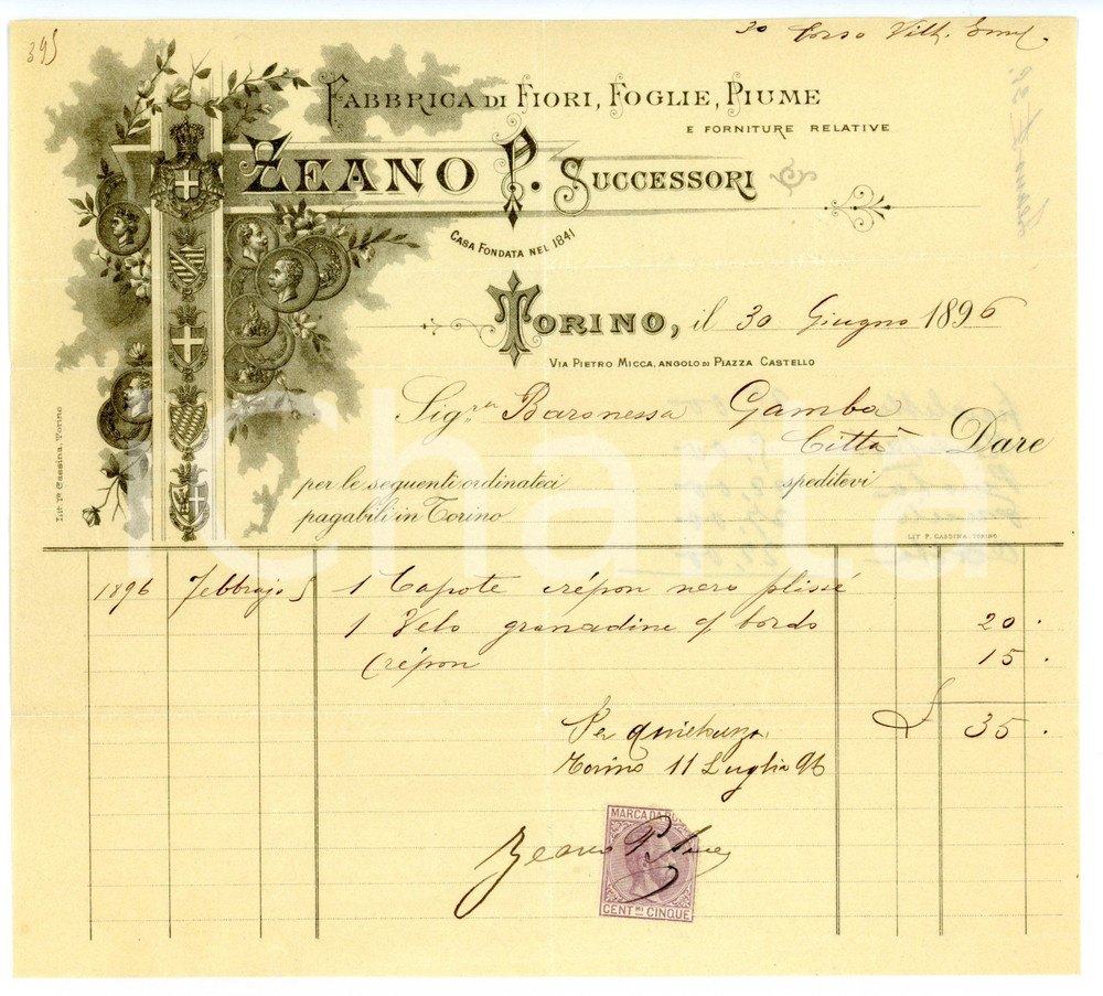 Documento originale, autentico 1896 TORINO Via Pietro Micca  Ditta ZEANO Fiori, foglie e piume Fattura 1