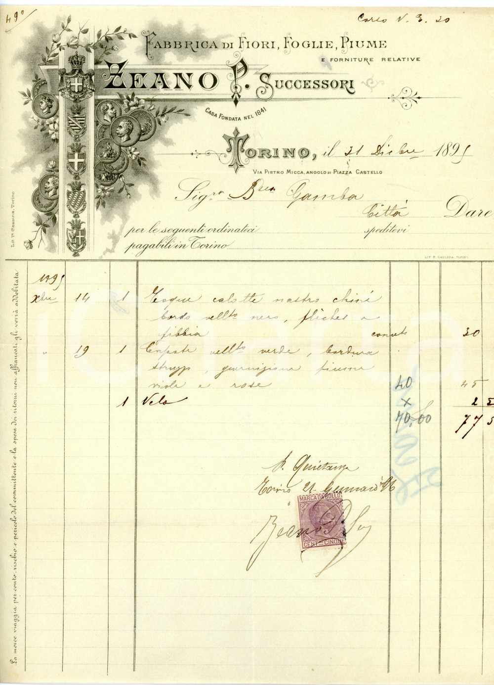 Documento originale, autentico 1896 TORINO Via Pietro Micca  Ditta ZEANO Fiori, foglie e piume  Fattura 1