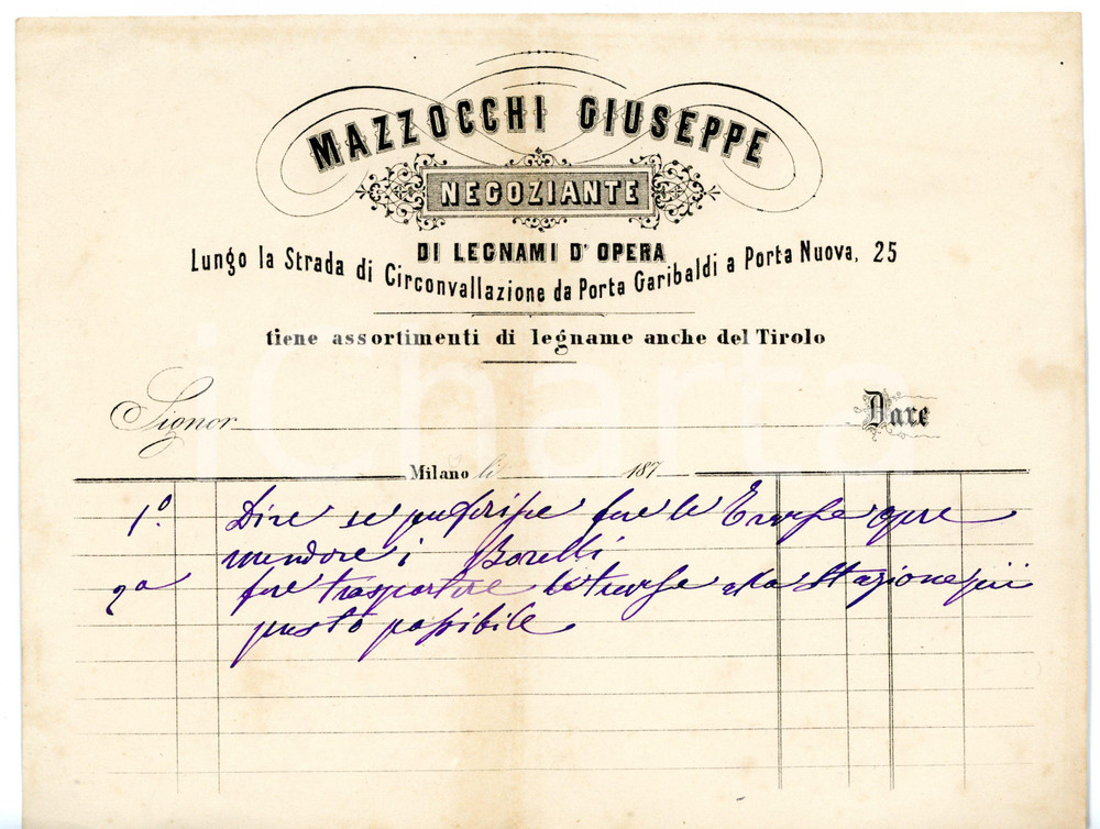 Documento originale, autentico 1875 ca MILANO Porta Garibaldi  Legnami Giuseppe MAZZOCCHI Fattura intestata 1