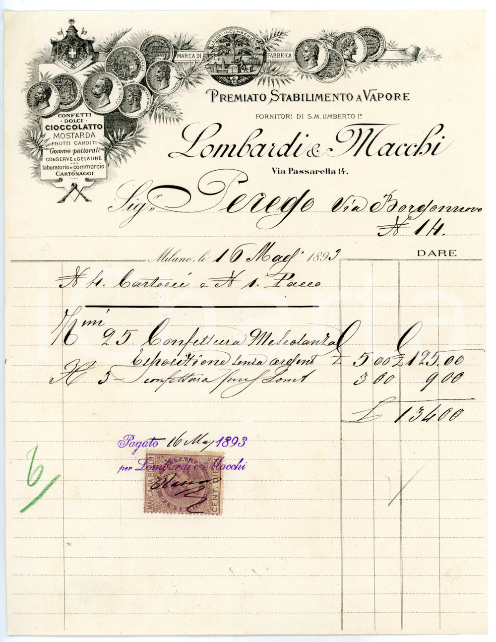Documento originale, autentico 1893 MILANO Via Passarella 14  Cioccolato LOMBARDI & MACCHI Fattura intestata 1