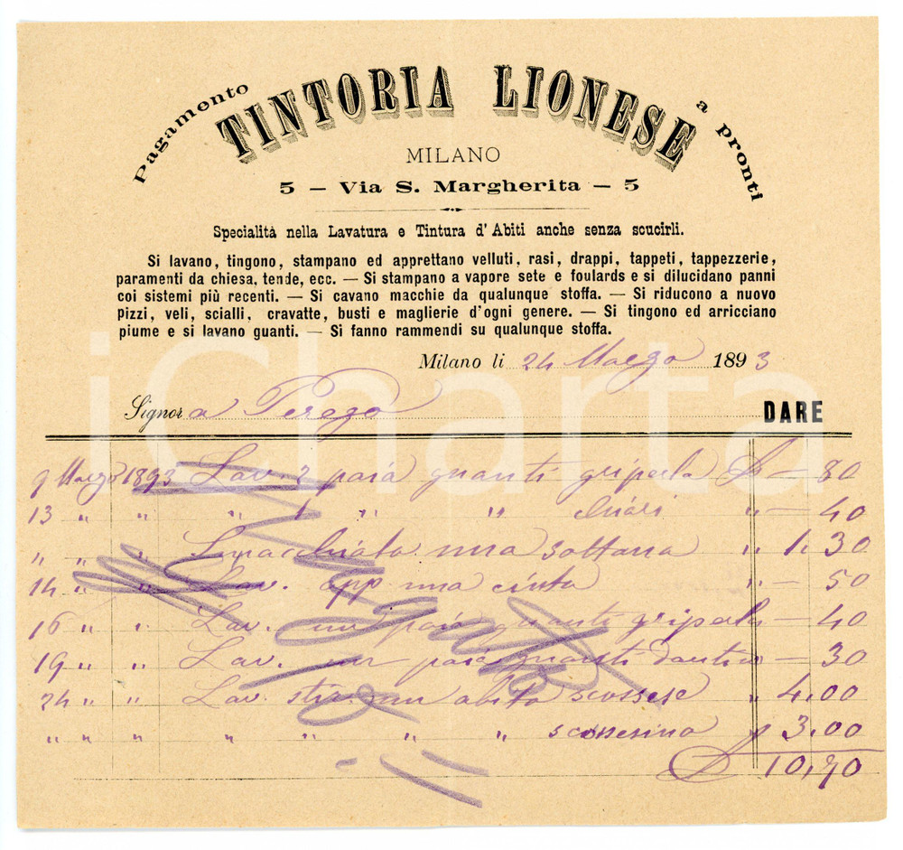 Documento originale, autentico 1893 MILANO Via Santa Margherita  Tintoria Lionese Fattura INTESTATA 1
