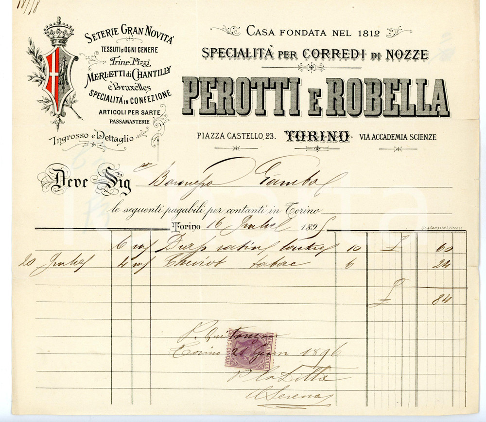 Documento originale, autentico 1896 TORINO Piazza Castello  PEROTTI & ROBELLA Corredi nozze Fattura intestata 1