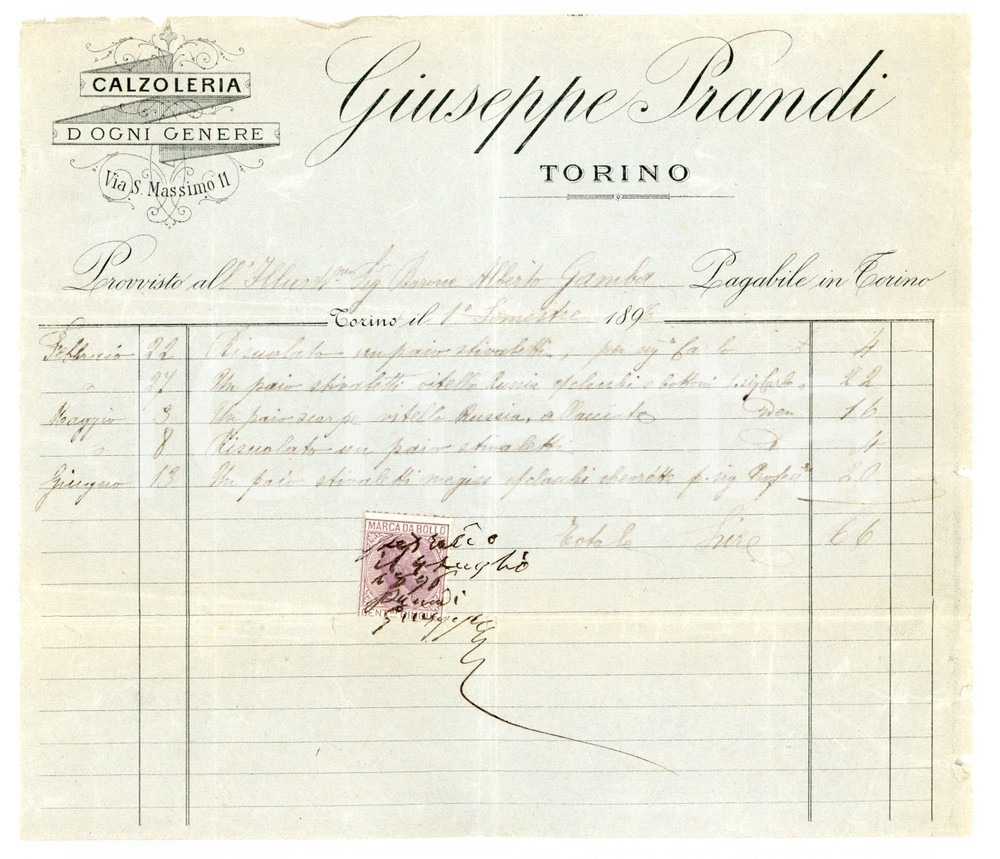 Documento originale, autentico 1896 TORINO Via San Massimo  Calzoleria Giuseppe PRANDI Fattura intestata 1