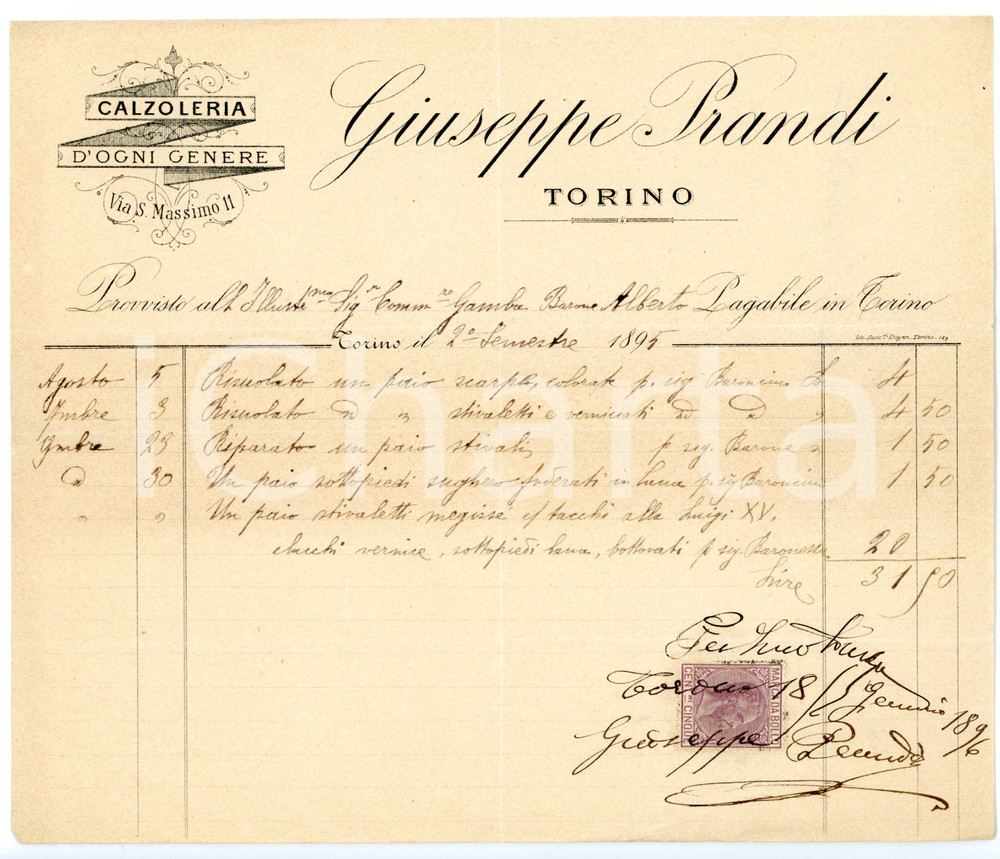 1896 TORINO Via San Massimo - Calzoleria Giuseppe PRANDI - Fattura intestata
