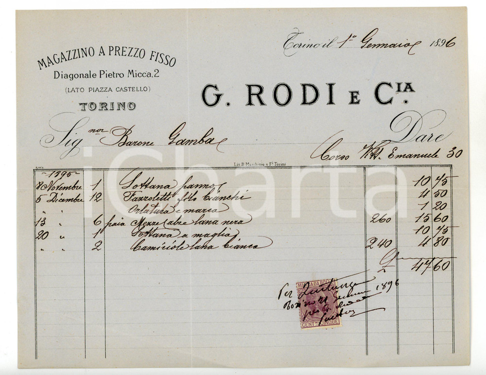 Documento originale, autentico 1896 TORINO Via Pietro Micca  G. RODI Sartoria Fattura intestata con marca 1