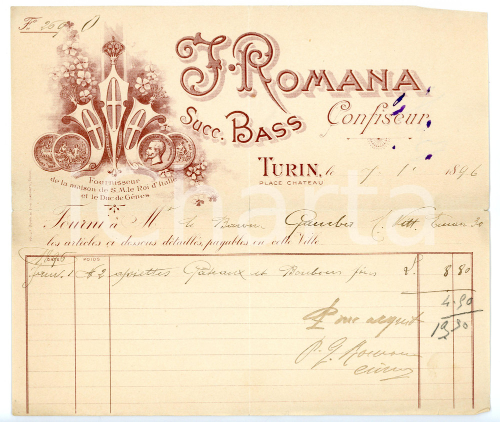 1896 TORINO Piazza Castello - Confezioni ROMANA *Fattura su carta intestata  Fattura su carta intestata.CONDIZIONI: FAIR (piegature d'epoca; piccole macchie di inchiostro)FORMATO: 22x19 cm     originale e autentica 1