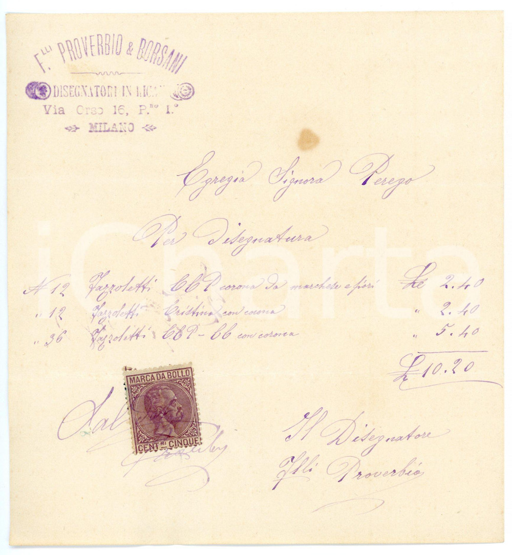 Documento originale, autentico 189 ca MILANO Via Orso  F.lli PROVERBIO & BORSANI Disegnatori Fattura 1