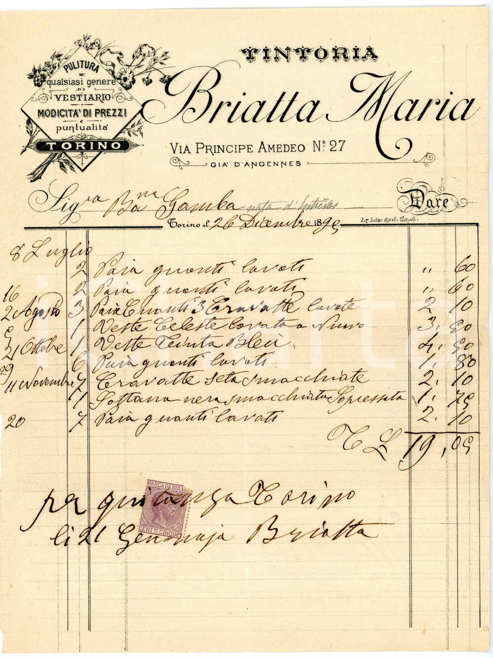 1895 TORINO Via Principe Amedeo - Tintoria Maria BRIATTA *Fattura intestata Fattura su carta intestata con marca da bollo.CONDIZIONI: FAIR (piegature d'epoca)FORMATO: 21x27 cm     originale e autentica 1