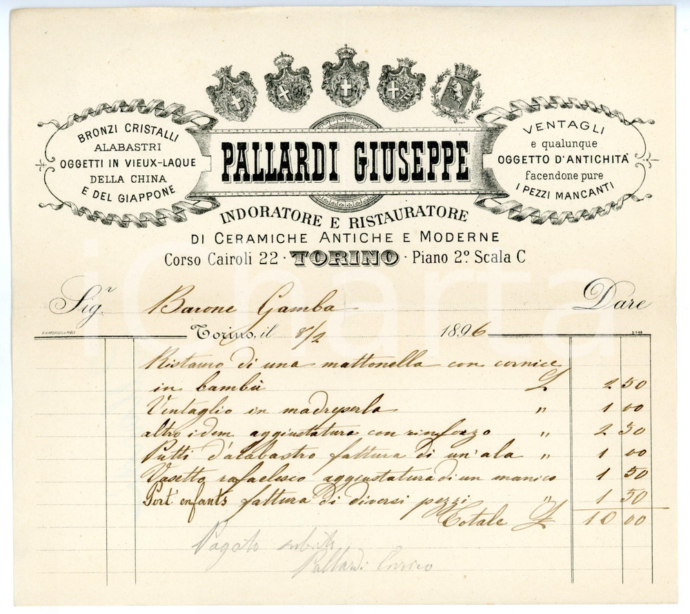 Documento originale, autentico 1895 TORINO Corso Cairoli  Giuseppe PALLARDI Restauratore  Fattura intestata 1
