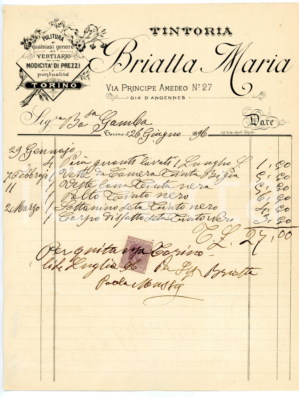 Documento originale, autentico 1896 TORINO Via Principe Amedeo  Tintoria Maria BRIATTA Fattura intestata 1
