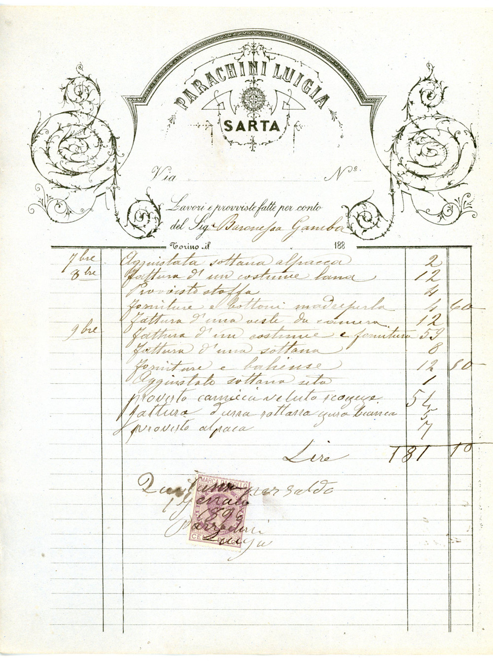 Documento originale, autentico 1896 TORINO Sarta Luigia PARACHINI Fattura intestata con marca da bollo 1