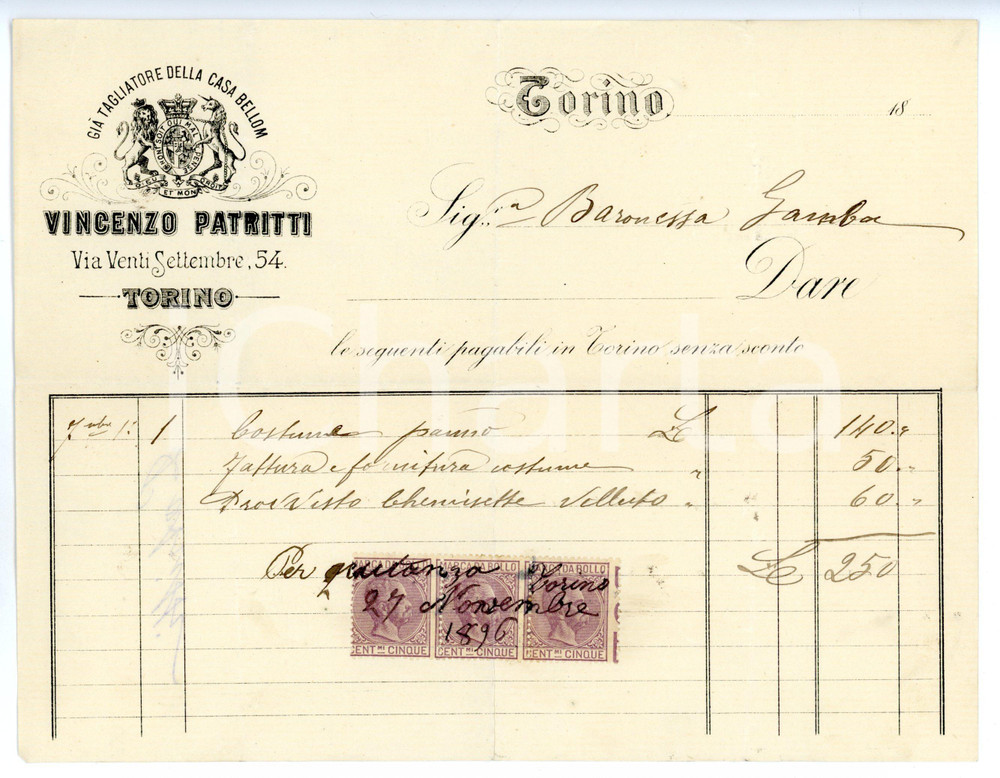 Documento originale, autentico 1896 TORINO Via XX Settembre  Sarto Vincenzo PATRITTI Fattura intestata 1