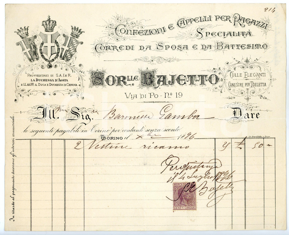 Documento originale, autentico 1896 TORINO Via di Po  Sorelle BAJETTO Corredi da sposa Fattura intestata 1