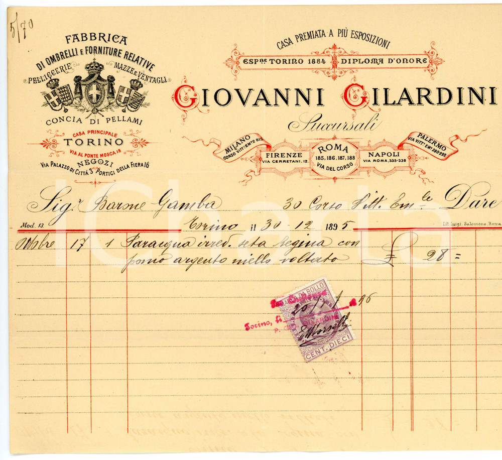 Documento originale, autentico 1895 TORINO Via Palazzo di CittÃ  3  Pellicceria Giovanni GILARDINI Fattura 1