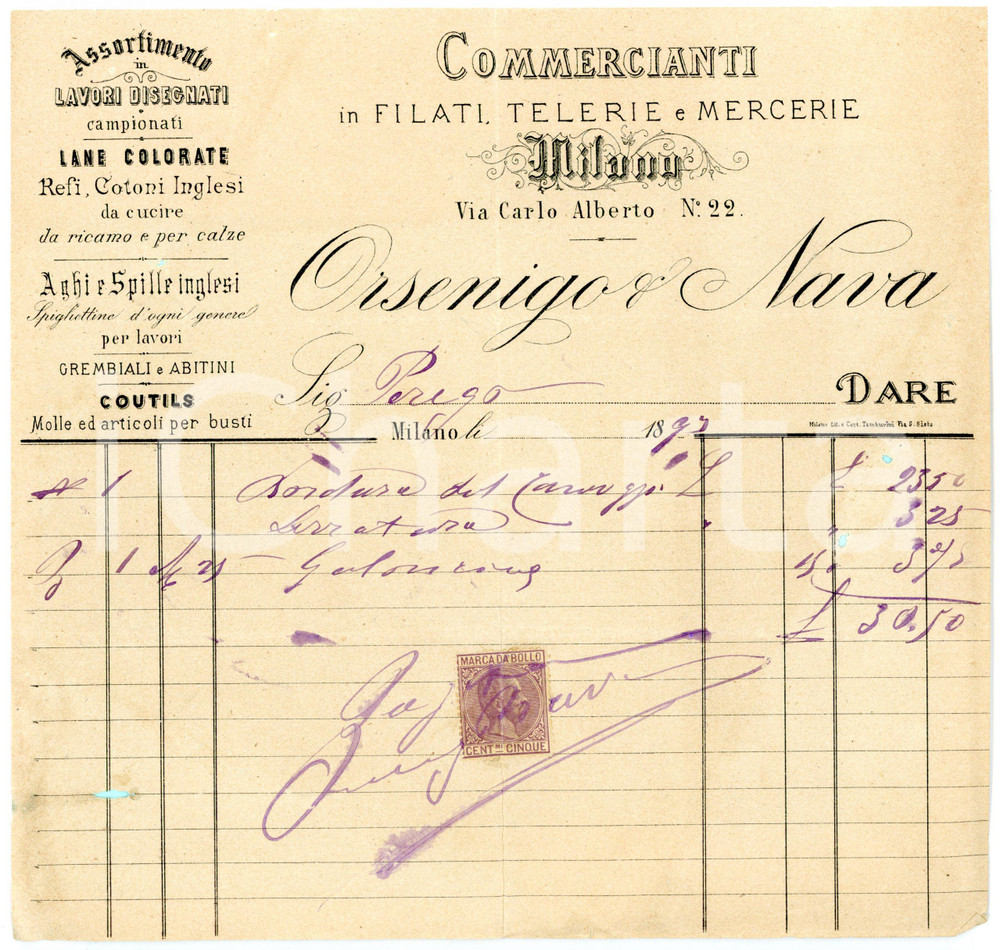Documento originale, autentico 1893 MILANO Via Carlo Alberto  Filati ORSENIGO & NAVA Fattura intestata 1