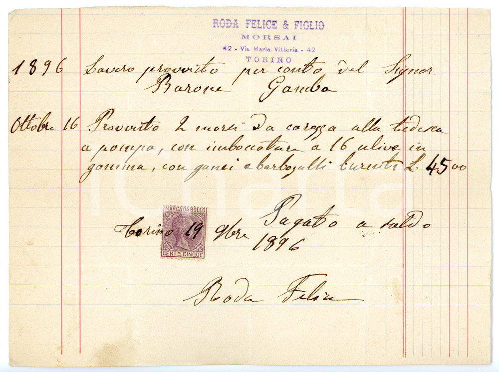 Documento originale, autentico 1896 TORINO Via Maria Vittoria  Morsai Felice RODA & Figlio Fattura con marca 1