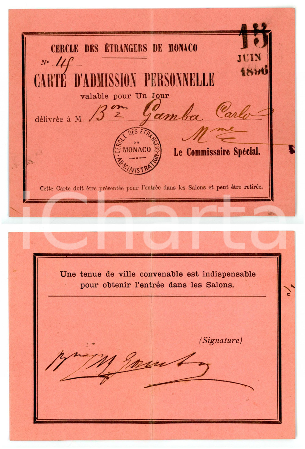 1896 MONACO Cercle des Ã‰trangÃ¨rs - Carlo GAMBA - Carte d'admission personnelle Biglietto d'epoca. CONDIZIONI: POOR (piegatura verticale)FORMATO: 13x9 cm      originale e autentica 1