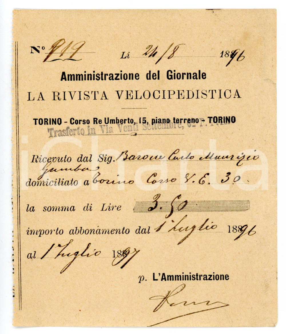 1896 TORINO La Rivista Velocipedistica - Carlo BARONE *Ricevuta per abbonamento Ricevuta con marca da bollo.CONDIZIONI: G (ma strappetto al margine destro)FORMATO: 9x11 cm     originale e autentica 1