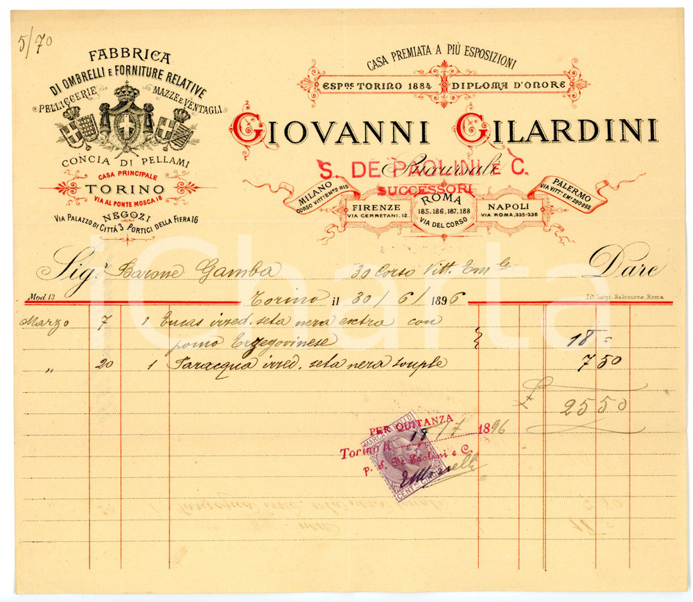 1896 TORINO Ditta Giovanni GILARDINI - Ombrelli e pellicceria *Fattura intestata Fattura su carta intestata con marca da bollo.CONDIZIONI: FAIR (piegature d'epoca)FORMATO: 21x27 cm     originale e autentica 1