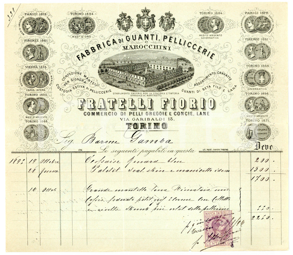 Documento originale, autentico 1896 TORINO Via Garibaldi  F.lli FIORIO Fabbrica di guanti Fattura intestata 1