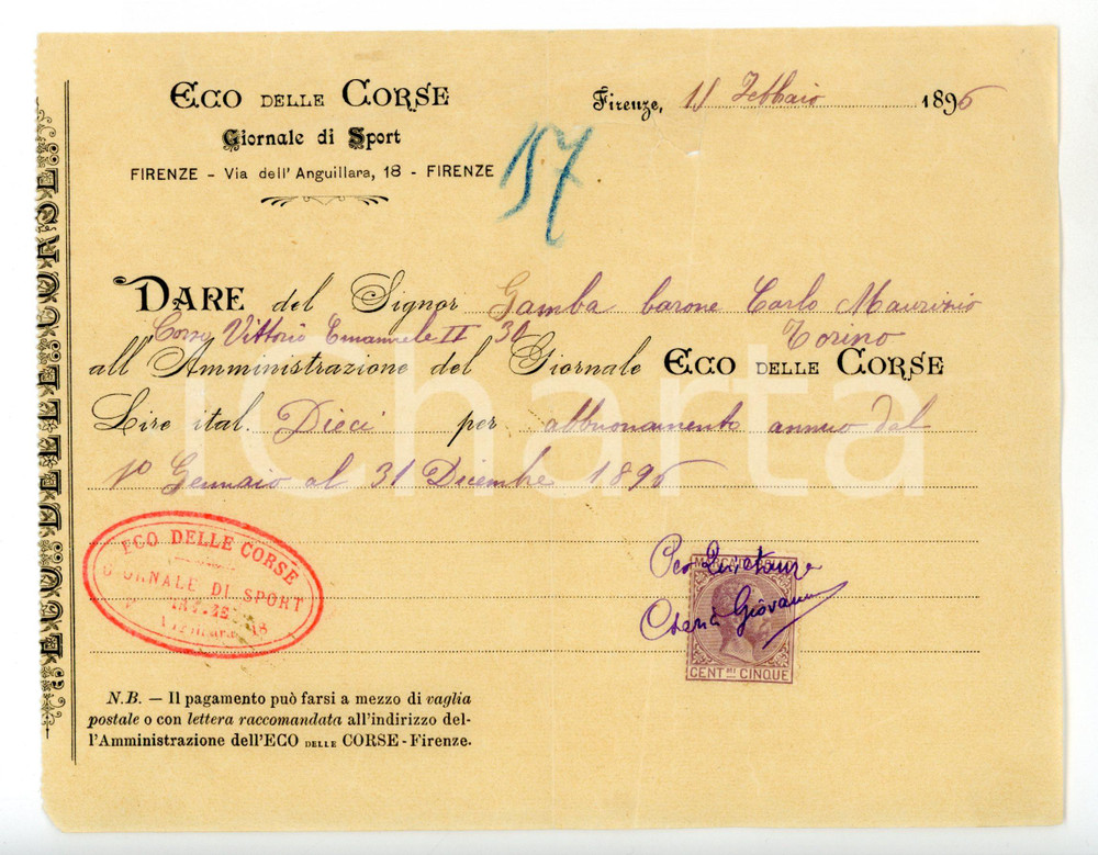 Documento originale, autentico 1896 FIRENZE Giornale Eco delle Corse  Carlo GAMBA Fattura per abbonamento 1