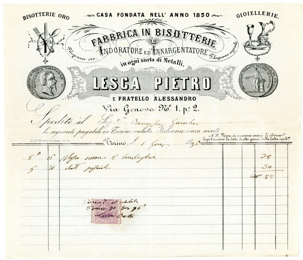 1896 TORINO Via Genova - Pietro LESCA Fabbrica di bigiotterie *Fattura intestata Fattura su carta intestata con marca da bollo.CONDIZIONI: FAIR (piegature d'epoca)FORMATO: 22x19 cm     originale e autentica 1