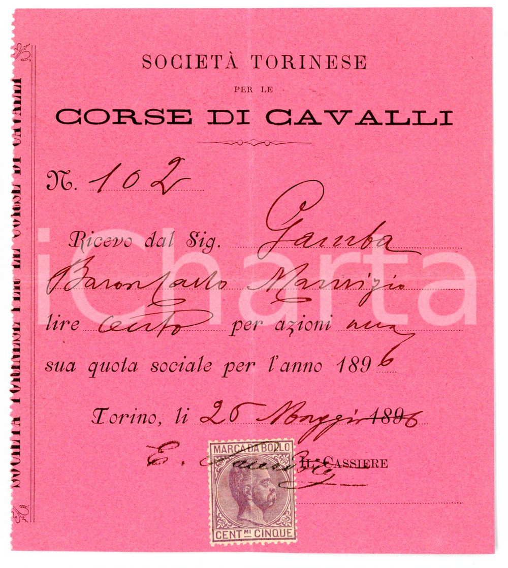 Documento originale, autentico 1896 TORINO SocietÃ  corse di cavalli  Carlo GAMBA Ricevuta per quota socio 1