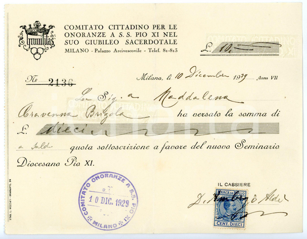 Documento originale, autentico 1929 MILANO Comitato onoranze PIO XI  Maddalena CRAVENNA BRIGOLA Ricevuta 1