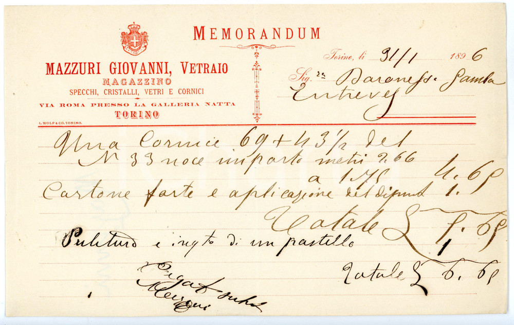 1896 TORINO Galleria Natta - Giovanni MAZZURI Vetraio - Memorandum Memorandum con marca da bollo.CONDIZIONI: FAIR (piegature d'epoca)FORMATO: 22x14 cm     originale e autentica 1