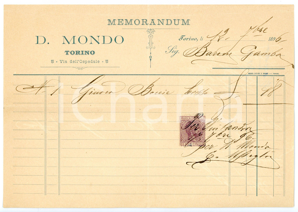 1896 TORINO Via dell'Ospedale - Agenzia D. MONDO *Memorandum con marca da bollo Memorandum con marca da bollo.CONDIZIONI: FAIR (piegature d'epoca)FORMATO: 22x15 cm     originale e autentica 1