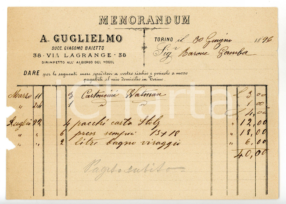 Documento originale, autentico 1896 TORINO Via Lagrange  A. GUGLIELMO Memorandum su carta intestata 1