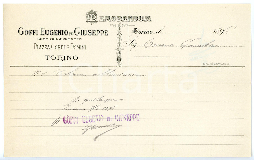 Documento originale, autentico 1896 TORINO Piazza Corpus Domini  Eugenio GOFFI Ferramenta Memorandum 1