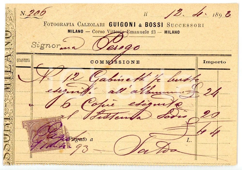Documento originale, autentico 1893 MILANO Corso Vittorio Emanuele  Fotografi GUIGONI & BOSSI Fattura 1