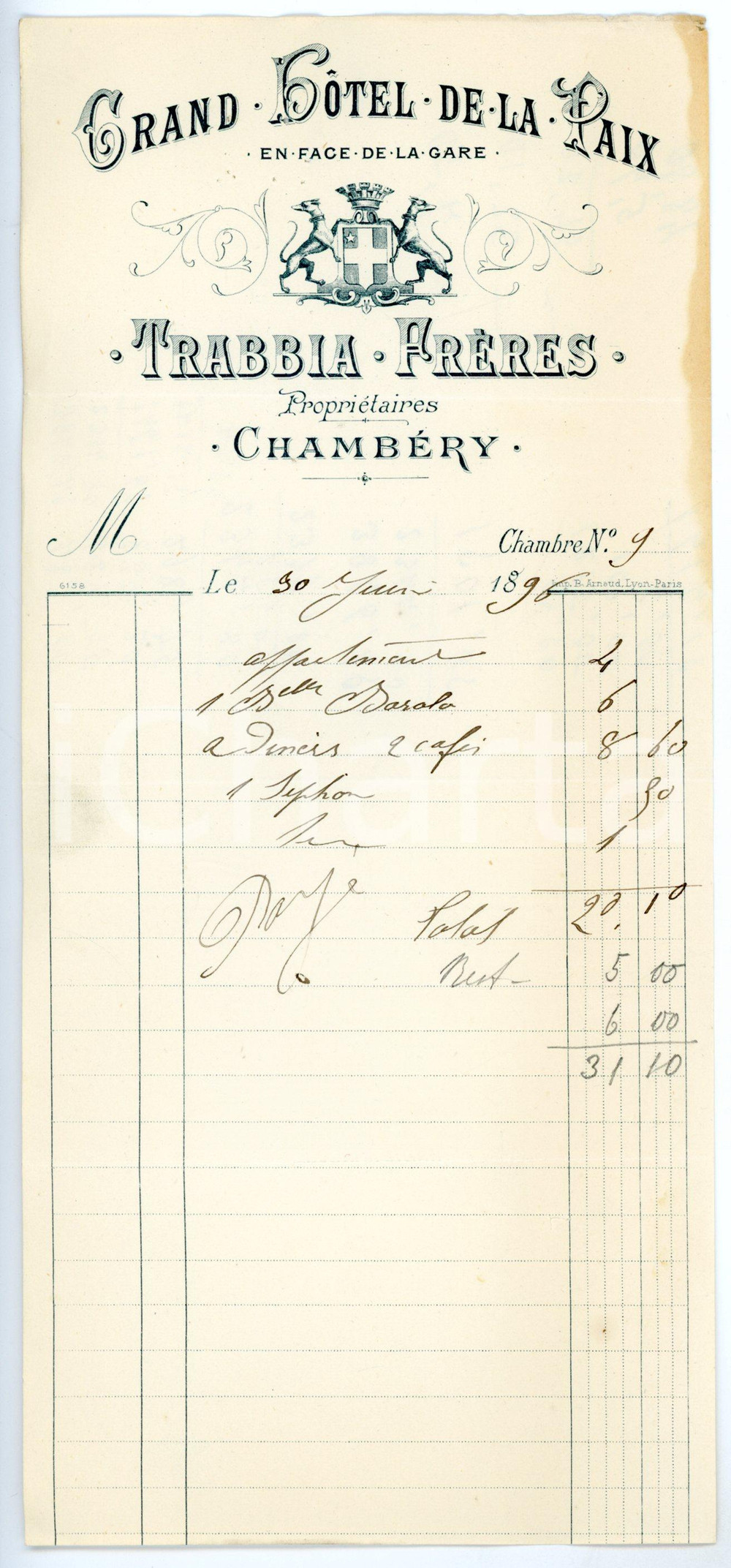 Documento originale, autentico 1896 CHAMBERY Grand Hotel de la Paix  F.lli TRABBIA Ricevuta intestata 1