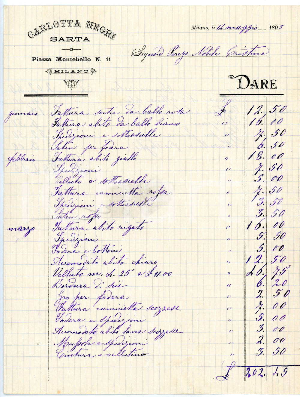 Documento originale, autentico 1893 MILANO Piazza Montebello  Sarta Carlotta NEGRI Fattura su carta intestata 1