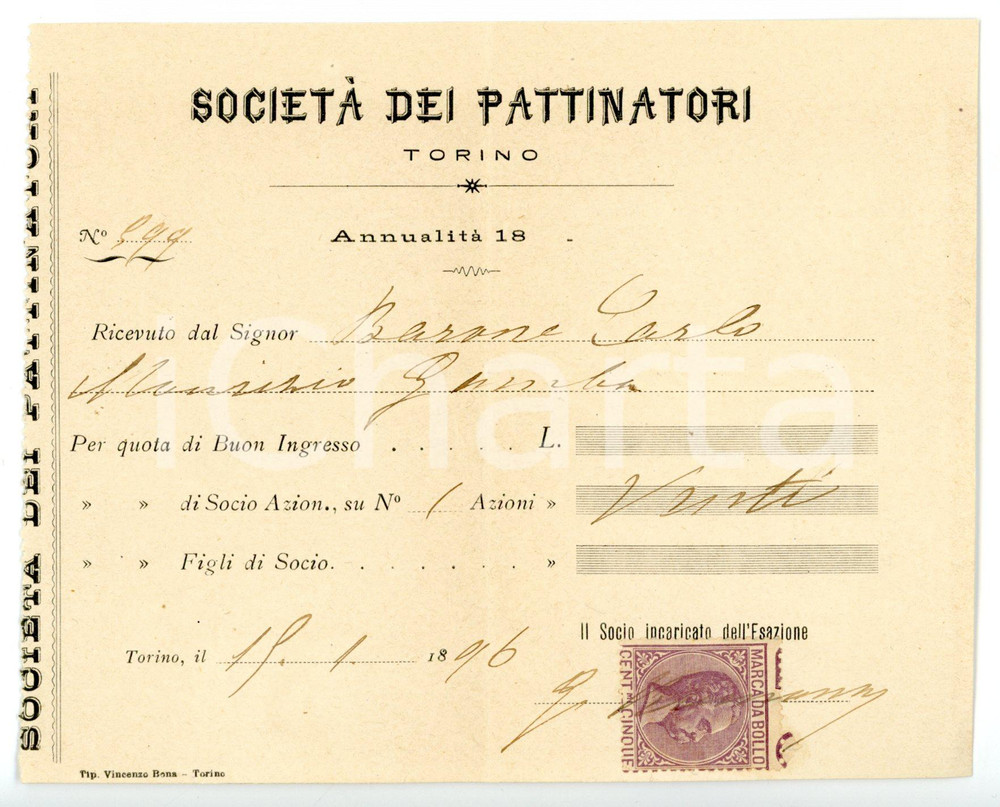 Documento originale, autentico 1896 TORINO SocietÃ  dei Pattinatori  Carlo GAMBA Ricevuta per quota di socio 1