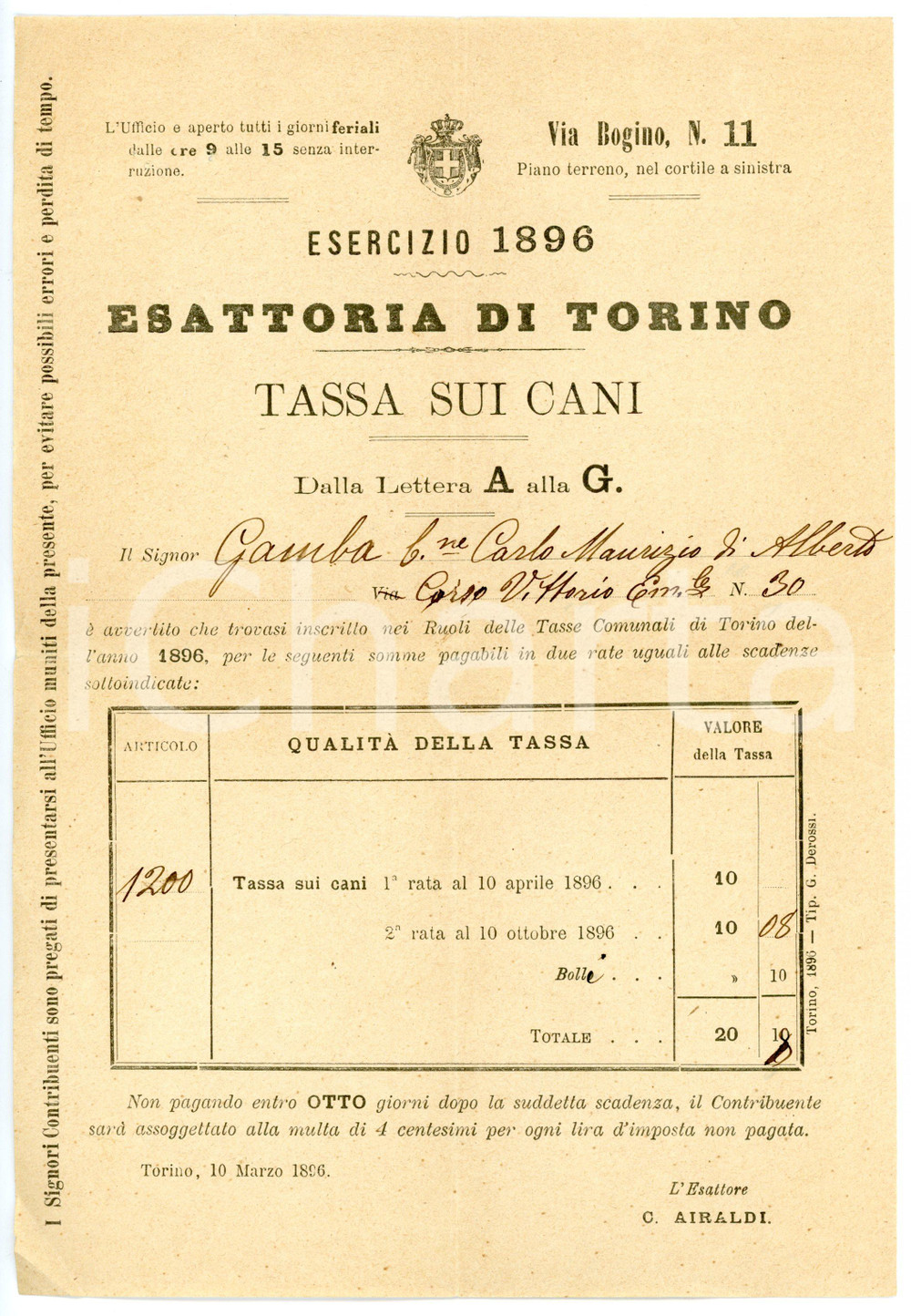Documento originale, autentico 1896 ESATTORIA DI TORINO Tassa sui cani  Barone Carlo Maurizio GAMBA Fattura 1